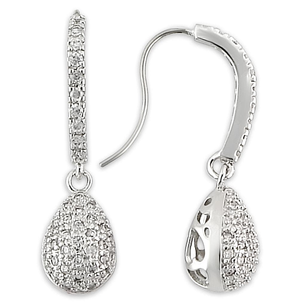 Brass Silver CZ Pave Teardrop Hook Earrings