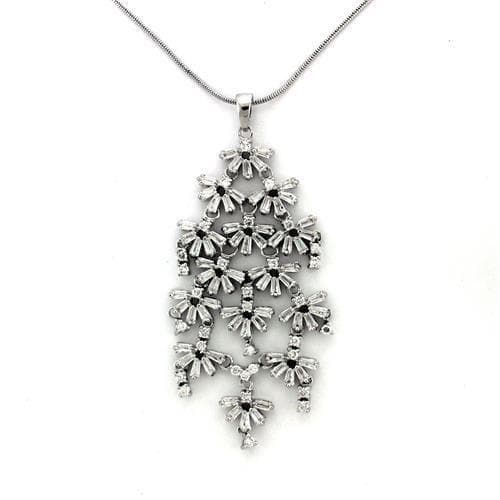 Brass Silver CZ Floral Cluster Chandelier Pendant Necklace