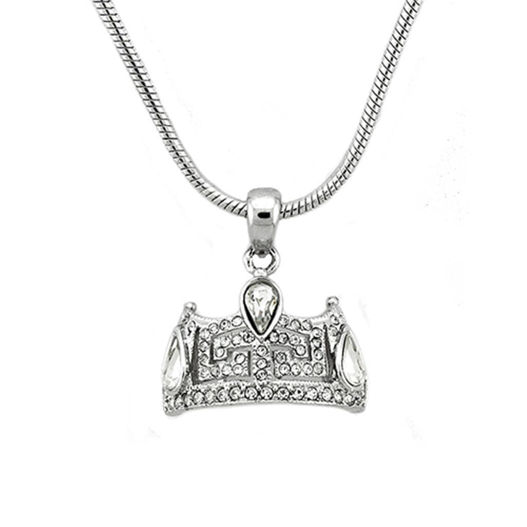 Brass Silver CZ Crown Tiara Pendant Necklace