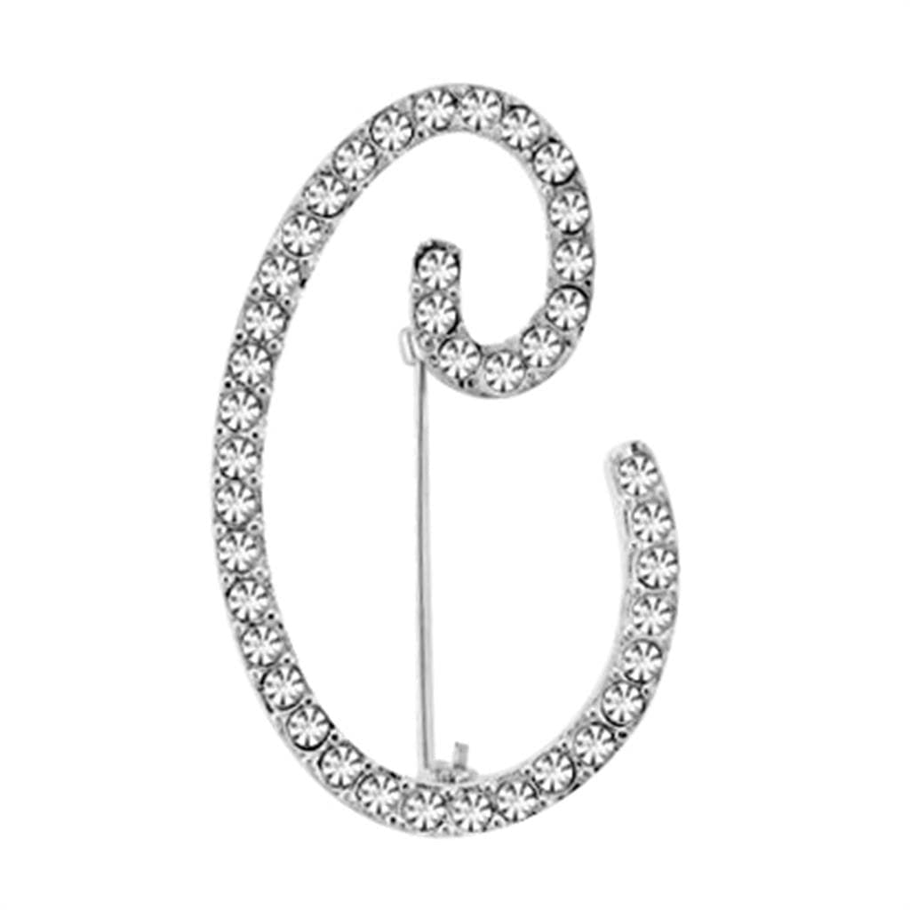 Brass Silver CZ Flower Script Letter C Brooch