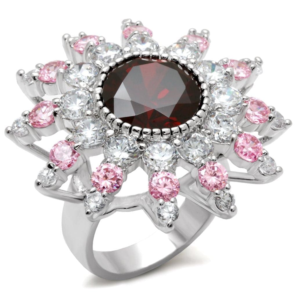 Brass Silver Garnet Red CZ Pink Flower Halo Cocktail Ring