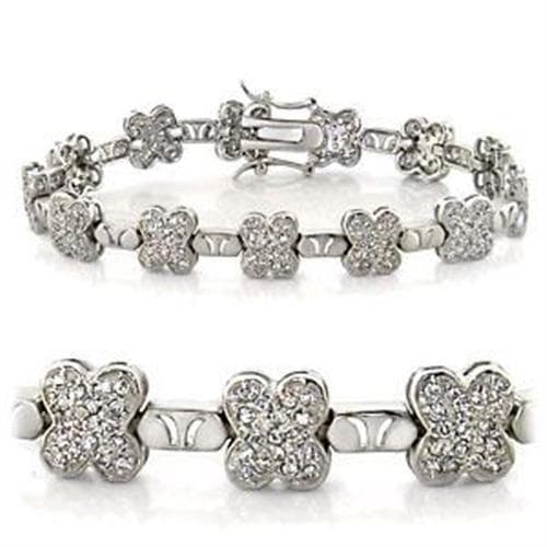 Brass Silver CZ Four Leaf Clover Link Bracelet