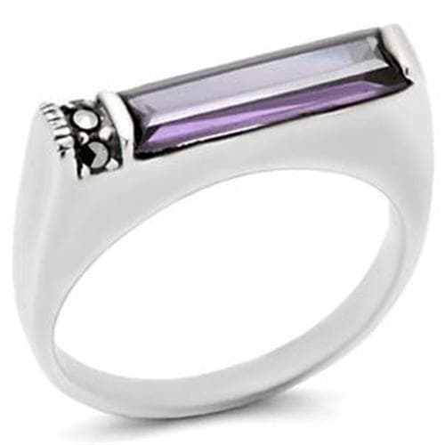 Sterling Silver Amethyst CZ Baguette Marcasite Flat Top Ring