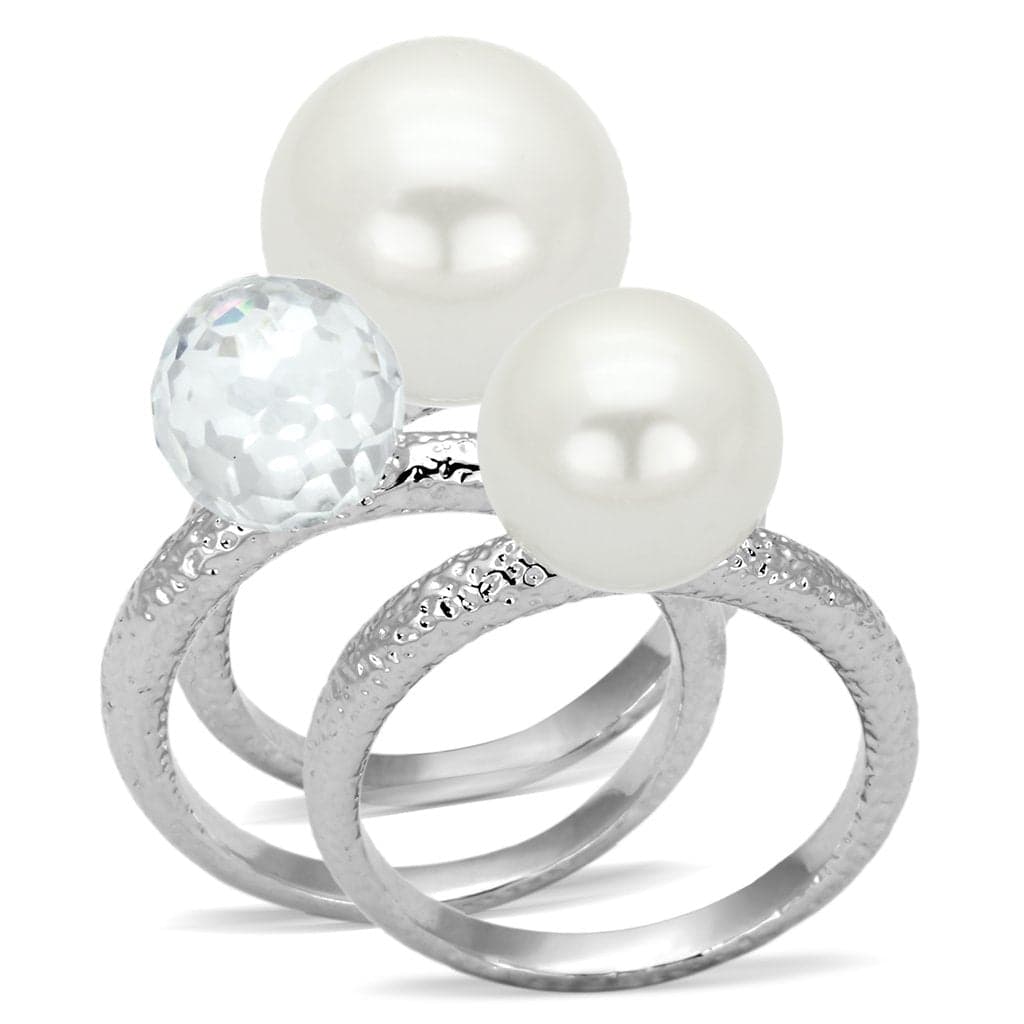 Brass Silver Pearl CZ Crystal Triple Band Cocktail Ring