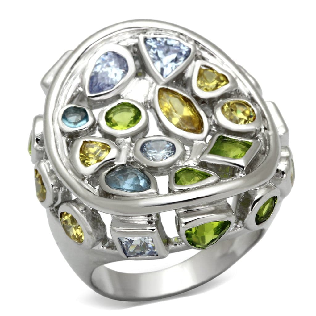 Brass Silver Multi Color CZ Bezel Cluster Dome Cocktail Ring