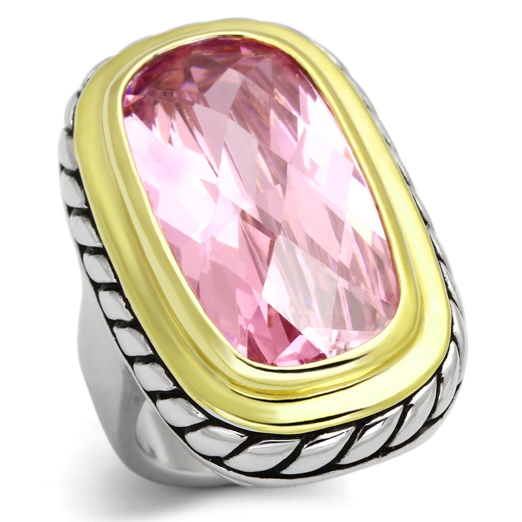 Brass Silver Two Tone Pink CZ Oval Cable Cocktail Ring