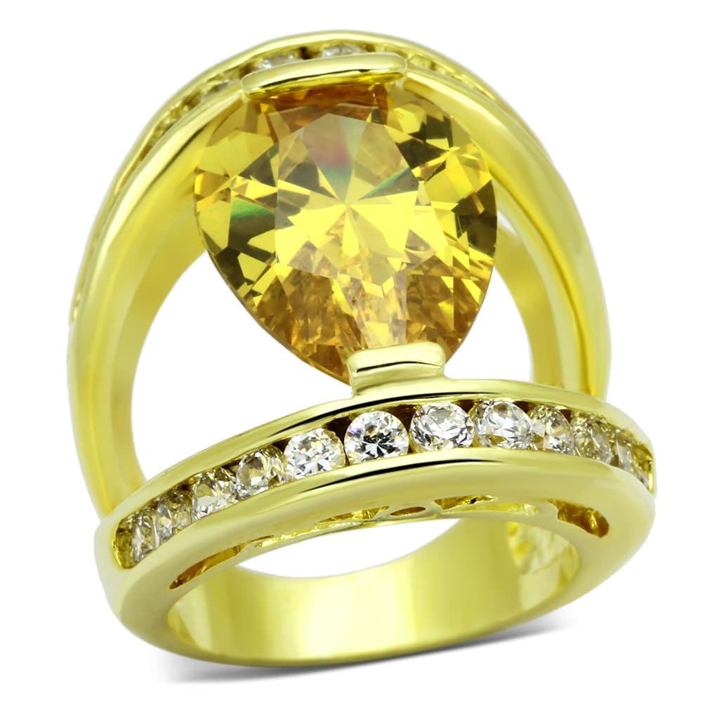 Brass Gold Yellow Citrine CZ Pear Channel Cocktail Ring
