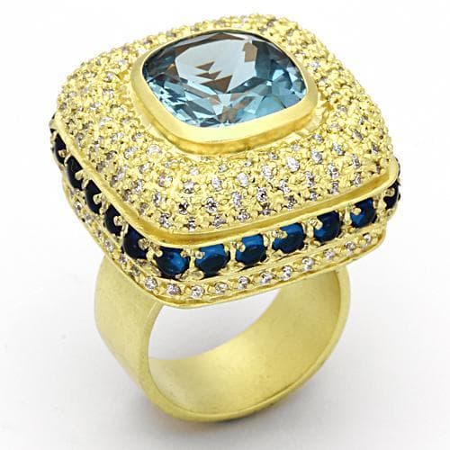 Brass Gold Blue Topaz CZ Cushion Pave Sapphire Cocktail Ring