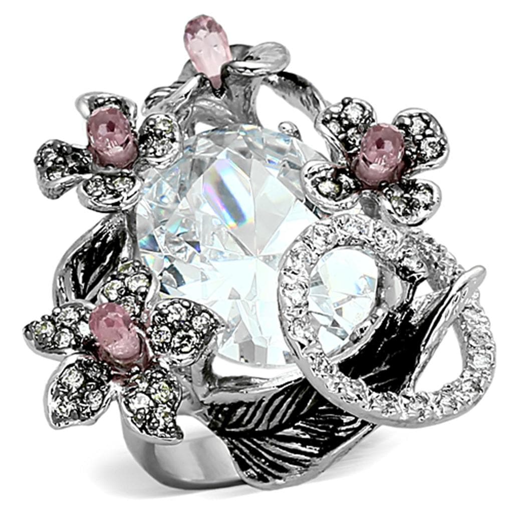Brass Silver CZ Pink Crystal Floral Vine Cocktail Ring