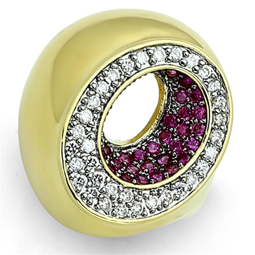 Brass Gold Ruby CZ Circle Pave Dome Cocktail Ring