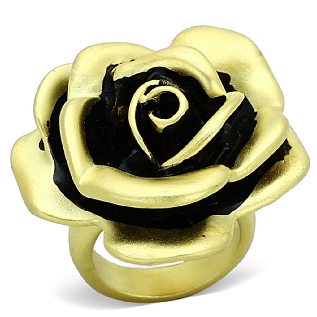 Brass Gold Black Enamel Rose Flower Cocktail Ring