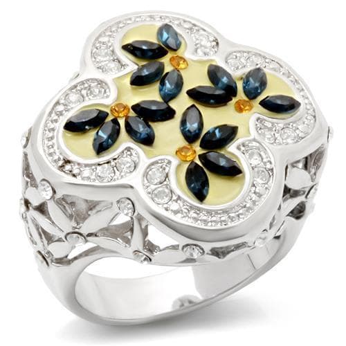 Brass Silver Blue Sapphire CZ Flower Clover Enamel Cocktail Ring