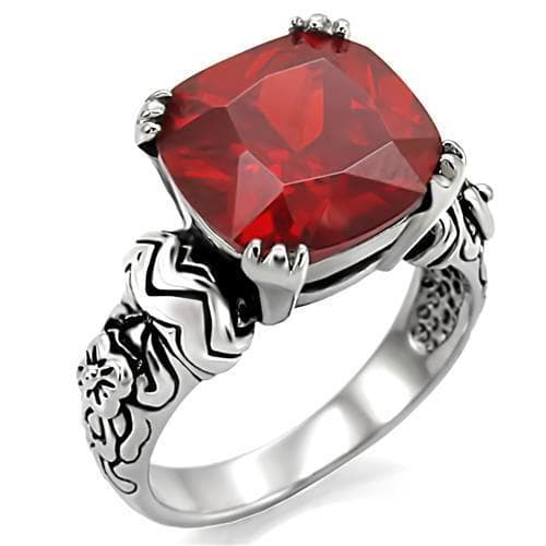 Stainless Steel Silver Ruby Red CZ Cushion Filigree Cocktail Ring