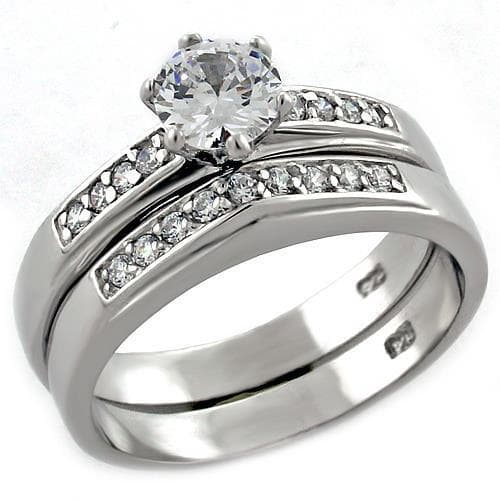 Sterling Silver CZ Round Solitaire Pave Bridal Ring Set Ring