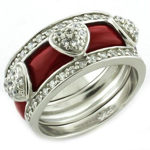 Sterling Silver Red Enamel CZ Heart Stackable Ring Set Ring