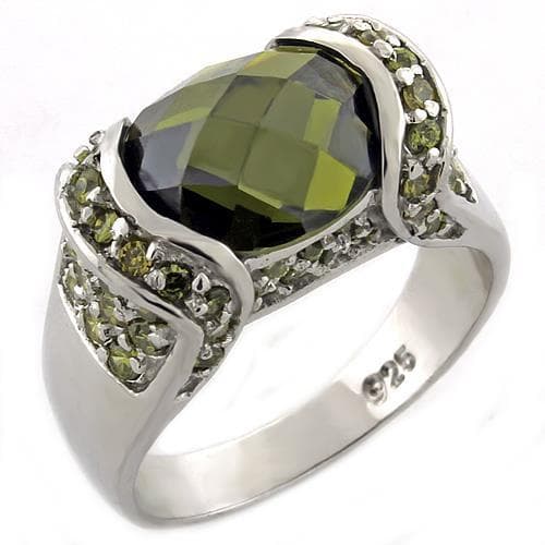 Sterling Silver Olive Green CZ Cushion Pave Halo Ring