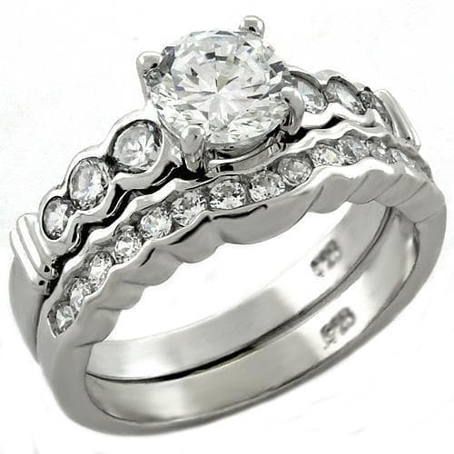 Sterling Silver CZ Round Bezel Twist Bridal Ring Set Ring