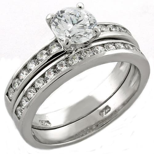Sterling Silver CZ Round Solitaire Channel Bridal Ring Set Ring