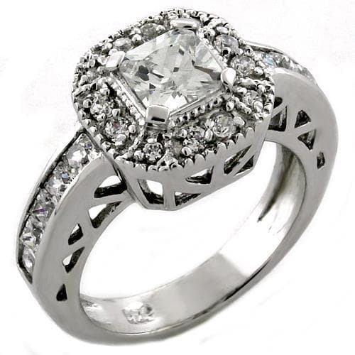 Sterling Silver CZ Cushion Halo Filigree Ring