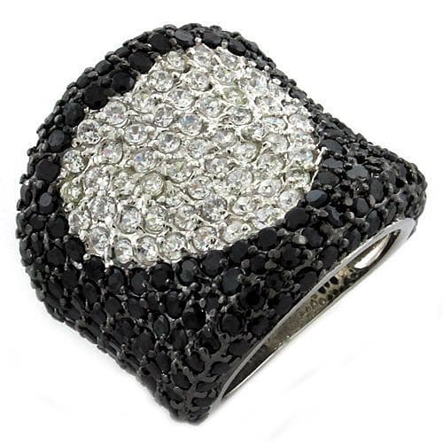 Sterling Silver Black White CZ Heart Pave Dome Ring