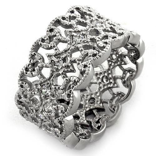 Sterling Silver CZ Filigree Lace Wide Band Ring