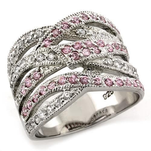 Sterling Silver Pink White CZ Multi Row Wave Wide Band Ring