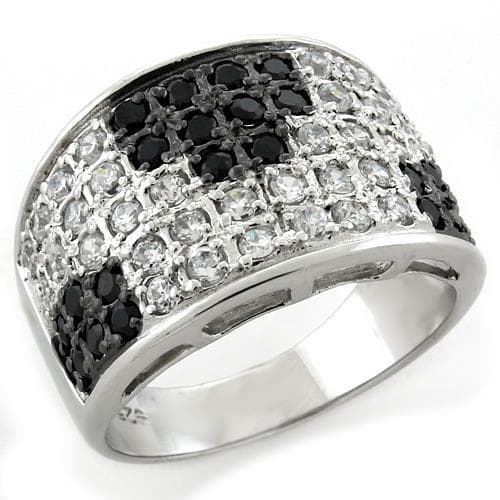 Sterling Silver Black White CZ Checkerboard Pave Dome Ring
