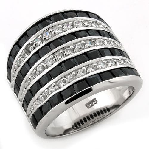Sterling Silver Black CZ Baguette Multi Row Wide Band Ring