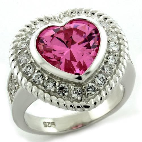 Sterling Silver Pink CZ Heart Halo Rope Frame Cocktail Ring