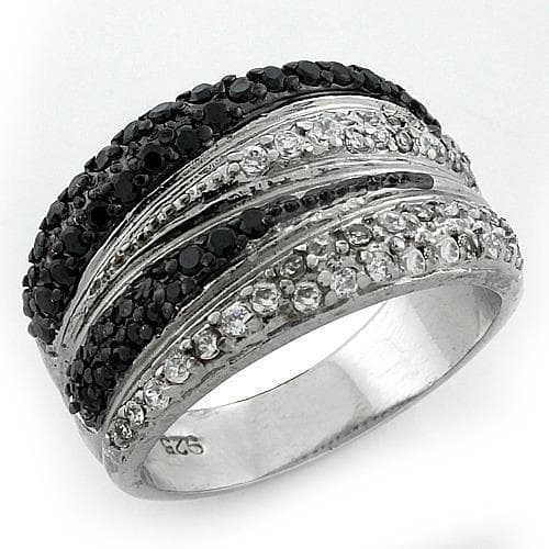 Sterling Silver Black White CZ Multi Row Crossover Wave Ring
