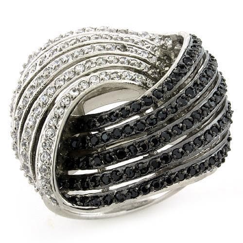 Sterling Silver Black White CZ Multi Row Wave Wide Band Ring