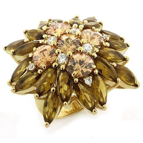 Sterling Silver Gold Champagne CZ Marquise Sunburst Flower Ring