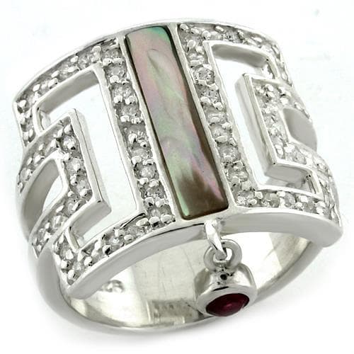 Sterling Silver Mother of Pearl Shell CZ Greek Key Wide Band Ring