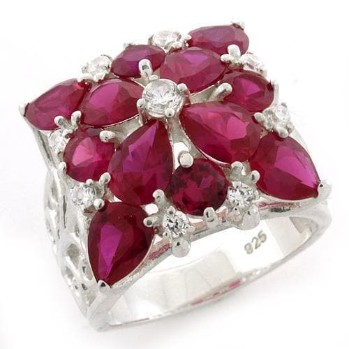 Sterling Silver Ruby Red Pear Marquise Flower Cluster Ring