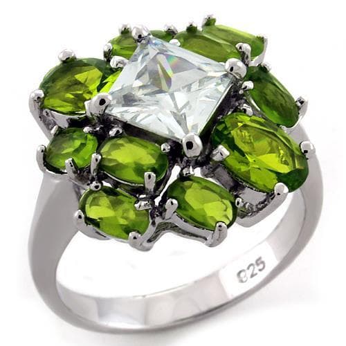 Sterling Silver Green Peridot CZ Princess Halo Flower Ring