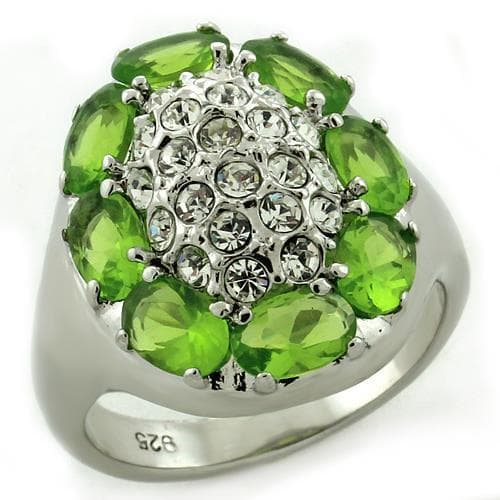 Sterling Silver Green Peridot CZ Oval Flower Cluster Ring