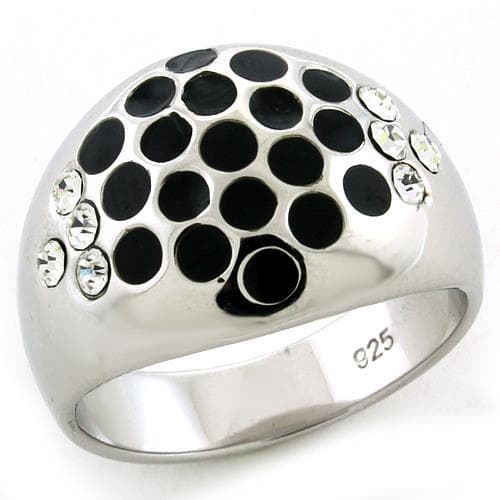 Sterling Silver Black Enamel CZ Polka Dot Pave Dome Ring