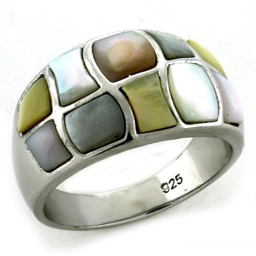 Sterling Silver Mother of Pearl Abalone Mosaic Wide Band Ring