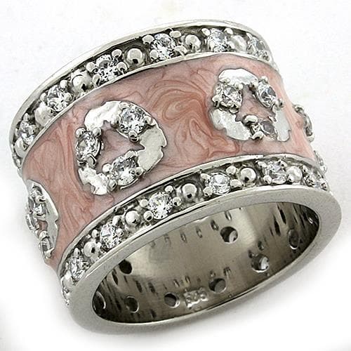 Sterling Silver Pink Enamel CZ Floral Rose Wide Band Ring
