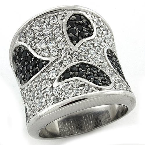Sterling Silver Black White CZ Heart Butterfly Pave Wide Ring