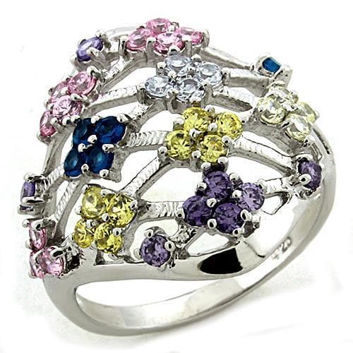 Sterling Silver Multi Color CZ Flower Cluster Wide Band Ring