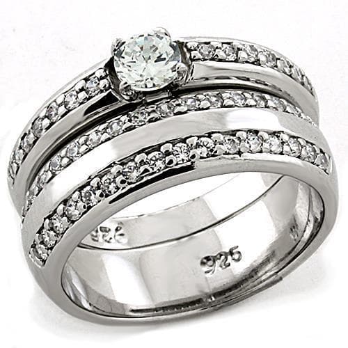 Sterling Silver CZ Round Solitaire Pave Three Band Bridal Ring