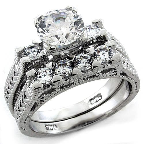 Sterling Silver CZ Round Princess Cluster Bridal Ring Set Ring