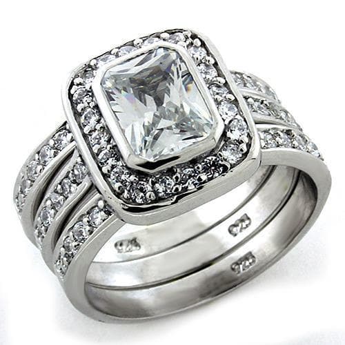 Sterling Silver CZ Emerald Cut Halo Pave Bridal Ring Set Ring