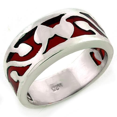 Sterling Silver Red Enamel Scroll Cutout Wide Band Ring