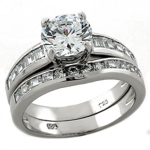 Sterling Silver CZ Round Solitaire Baguette Channel Bridal Ring