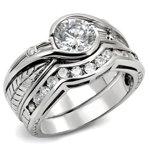 Sterling Silver CZ Round Bezel Baguette Channel Bridal Set Ring