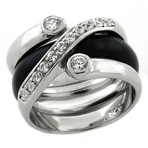 Sterling Silver Black Onyx CZ Bezel Stacking Bridal Ring Set Ring