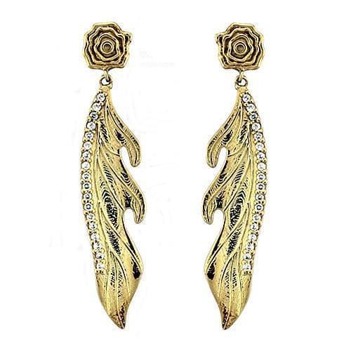 Sterling Silver Gold Rose Feather Leaf CZ Drop Dangle Earrings