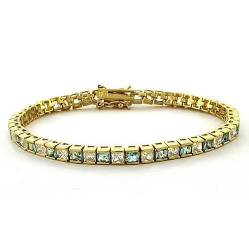 Sterling Silver Gold Aqua Blue CZ Princess Channel Bracelet